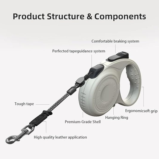Retractable Dog Leash for Medium & Large Dogs up to 80 lbs, One-Handed Brake, 180kg Strong Nylon Tape, Tangle Free, Anti-Slip Handle (M & L Size) (Grey, M-4M)