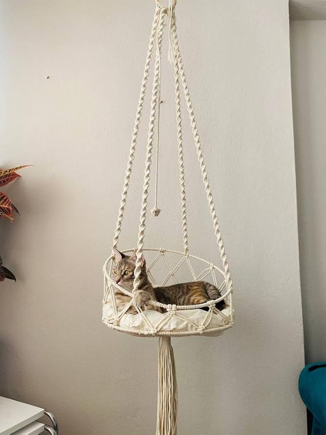 47.24in Macrame Cat Hammock - Hanging Cat Bed with Handwoven Cotton Rope, Boho Wall Mounted Swing & Perch for Play Rest, Home Decor Gift (120cm/47.24in)