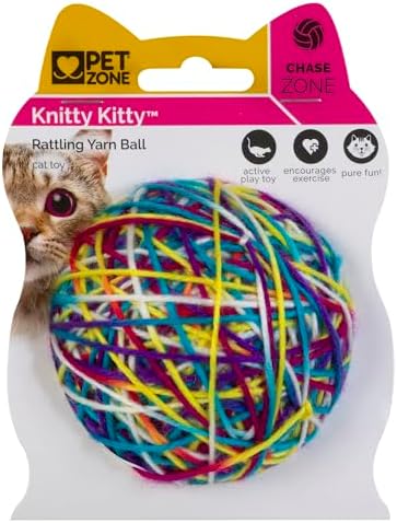 Pet Zone Rattling Yarn Ball Cat Toy, Colorful Rolling, for Indoor Playtime by Pet+Zone