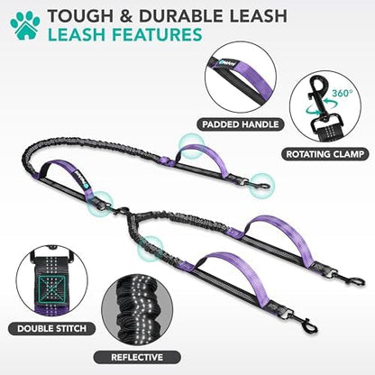 PetAmi Hands Free Double Dog Leash with Padded Lumbar Waist Belt, 360 No-Tangle Swivel Coupler, Bungee Shock Absorbing Dual Leash for Two Dogs Medium Large, Reflective, Purple - Image 3