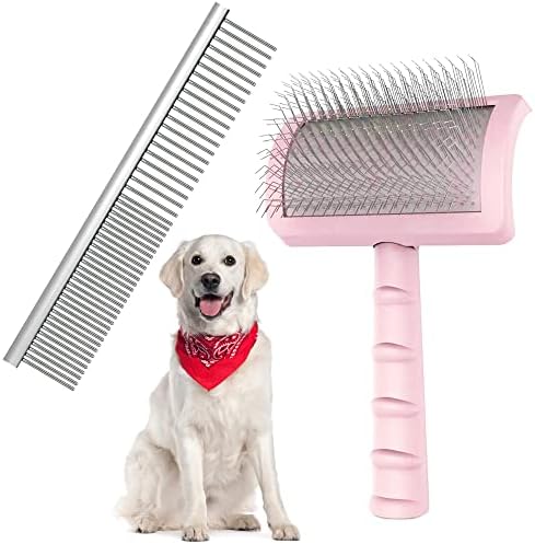 Firm Pet Grooming Kit: 25mm Extra Long Pin Brush for Goldendoodles, Wire Deshedding Brush, Removes Loose Hair & Undercoat (Pink) by NeatHoiho