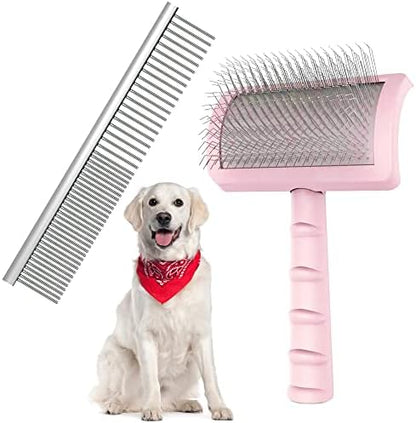 Firm Pet Grooming Kit: 25mm Extra Long Pin Brush for Goldendoodles, Wire Deshedding Brush, Removes Loose Hair & Undercoat (Pink) by NeatHoiho