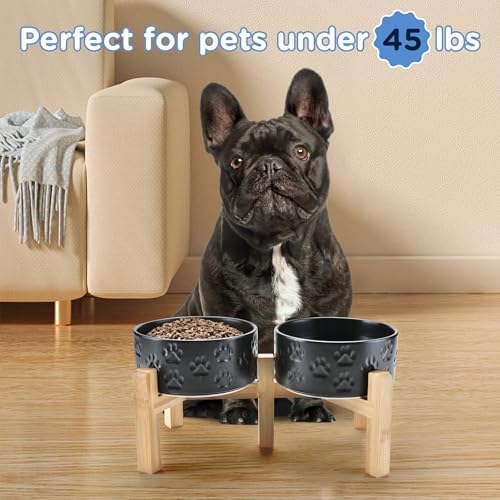 SPUNKYJUNKY Elevated Dog Bowls Ceramic, 6.1'' Dogs and Cat Food Water Bowls Raised with Non-Slip Bamboo Stand for Medium Sized Breed Microwave Dishwasher Safe - 28.7 OZ,Paw Black - Image 7