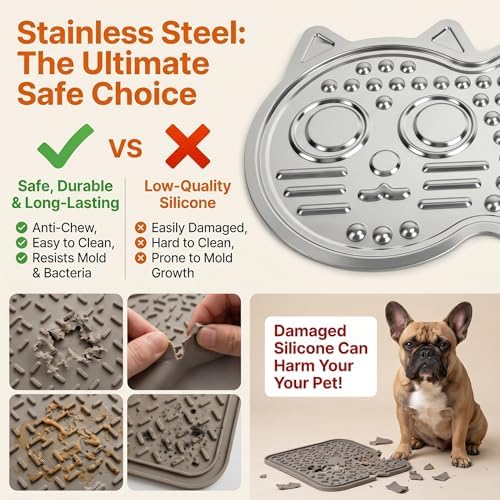 2-Pack XL Stainless Steel Lick Mat for Dogs & Cats, 15" x10" Slow Feeder with Deep Grooves & Strong Suction Cups, Chew-Resistant for Anxiety Relief, Dishwasher Safe, Silicone Spatula & Gift Box - Image 3