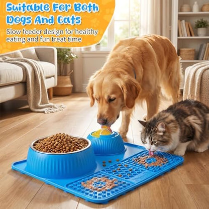 Slow Feeder Dog Bowl with Lick Mat & Interactive Rolling Ball, Stainless Steel Pet Feeding Station with Non-Slip Stable Grip Base for Wet Food, Dry Kibble (Light Blue) - Image 4