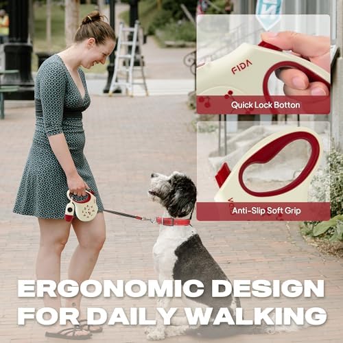 Fida Retractable Dog Leash with Dispenser and Poop Bags, 16 ft, Cherry - Image 6