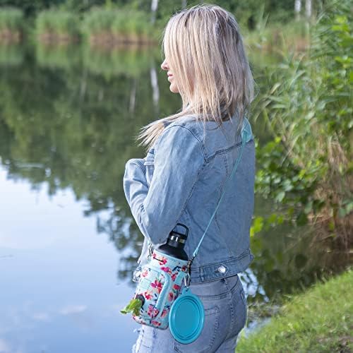 Made Easy Kit Water Bottle Carrier with Pocket for Dog Poop Waste Bags and Adjustable Padded Shoulder Strap (Large (32oz) with Bowl, Teal Floral) - Image 4