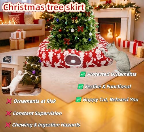 Extra Large Cat Tunnel Bed for Indoor Cats with Warm Mat,Cat Toys Cave Dount Tube for Xmas Decor Red - Image 3