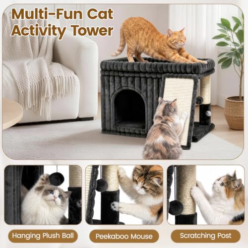 Cat Tree Tower with Scratching Post for Large Kitty, Gray Ribbed - Image 4