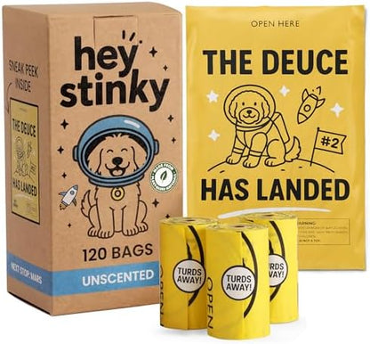 Dog Poop Bags 120 Count – Leakproof, Extra Thick & Easy Open | Unscented Plant-Based PLA + PBAT, Fits All Dispensers | Funny Hey Stinky Design – Proudly Supporting Service & Therapy Dogs by HeyStinky