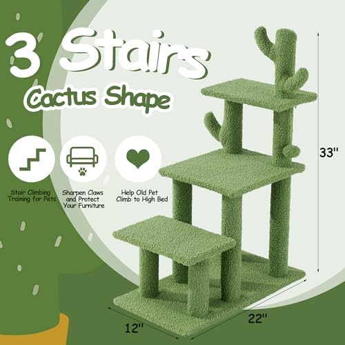 HOMBYS Cautus Cat Stairs for Old Cats & Dogs, Pet Steps for High Beds, Couch & Window,Vertical Cautus Green Cat Tree with Dangling Balls for Indoor Pets Climbing Playing, Holds Up to 150 Lbs, - Image 2