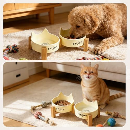 Ceramic Dog and Cat Bowl Set with Wooden Stand-Raised Non-Slip Bottom Weighted Matte Glaze Pet Feeder-Yellow Cat Ear-6.76 OZ - Image 6