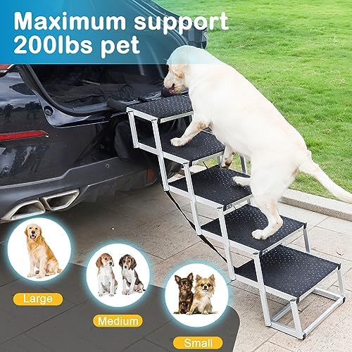 Uross Dog Stairs for Car 5 Steps - Collapsible Dog Steps Ramp for Car and SUV, Aluminum Pet Ramp Stairs for Large Dogs,Telescoping Ladder for Truck, High Bed - Image 5