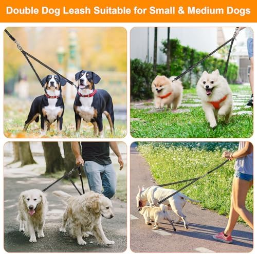 Double Dog Leash, 360° Swivel No Tangle Dog Leash for 2 Dogs, Black Shock Absorbing Reflective Bungee Double Leashs for Medium Dogs Walking Training - Image 7