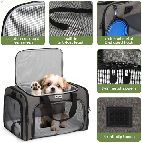 Pet Carrier for Cats & Small Dogs, Travel Carrier with Anti-Collapse Support, Chew Resistant Buckles, Luggage Sleeve, Multi-Pocket Storage, Reversible Mat & Bowl (Gray, Medium (17.5"x11"x11.5")) - Image 4