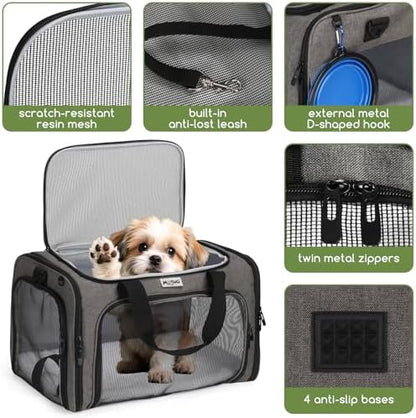 Pet Carrier for Cats & Small Dogs, Travel Carrier with Anti-Collapse Support, Chew Resistant Buckles, Luggage Sleeve, Multi-Pocket Storage, Reversible Mat & Bowl (Gray, Medium (17.5"x11"x11.5")) - Image 4