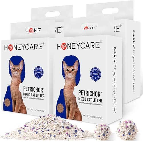HONEY CARE Petrichor Mix Cat Litter I Tofu Cat Litter I Nature Plant-Based Pellets and Bentonite Sustainable I Low-Dust Qucik Clumping Superior Odor Control, 24-lbs Value Pack (6 lbs x 4) by HoneyCare