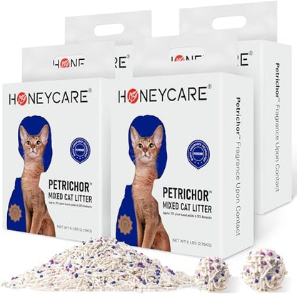 HONEY CARE Petrichor Mix Cat Litter I Tofu Cat Litter I Nature Plant-Based Pellets and Bentonite Sustainable I Low-Dust Qucik Clumping Superior Odor Control, 24-lbs Value Pack (6 lbs x 4) by HoneyCare