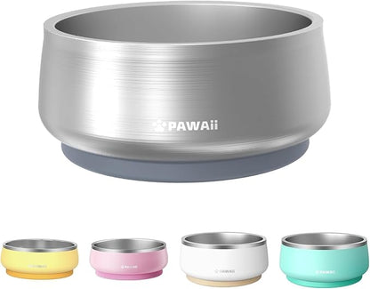 Pawaii Dog Bowl, 34 oz Double-Wall Stainless Steel Food and Water Bowl, Non-Slip Rubber Base, Dishwasher Safe, ID Tag Included, (1 Pack)