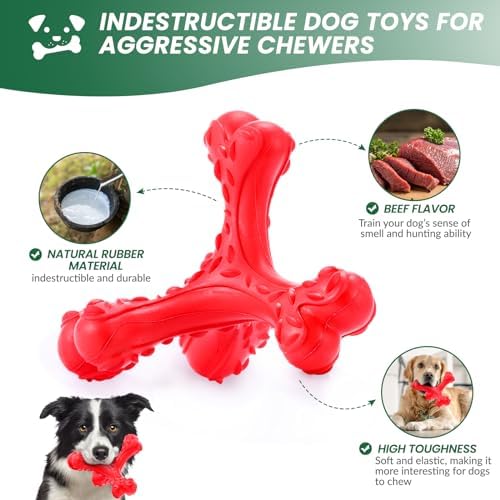 Dog Chew Toys for Aggressive Chewers Large Breed,Indestructible Bones Toy，Durable Cleaning Toothbrush Natural Rubber Dog Toys… (Red) - Image 3