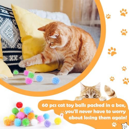 DF DUALFERV 60 Pcs Cat Pom Pom Balls, Interactive Cat Toys, Sparkle Balls for Cats, Extra Large and Fuzzy for Exercise and Entertainment, Multicolor, 1.5 Inch - Image 4