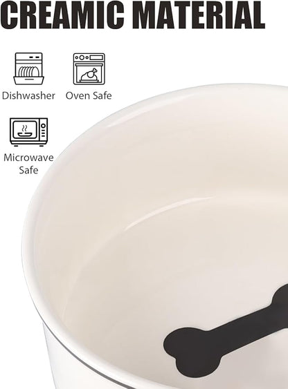 Ceramic Dog Bowl with Bone Pattern - 8" Extra Large Food Water Bowl for Medium and Large Dogs, Weighted, Microwave & Dishwasher Safe, 55 oz (Beige)