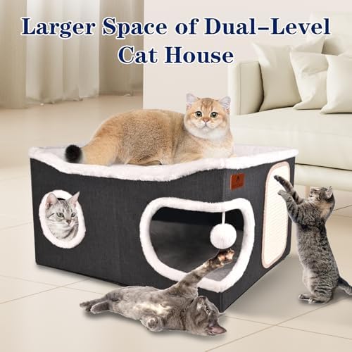 Extra Large Cat Beds for Indoor Cats, Covered Cat Cave Beds & Furniture with Scratch Pad and Fluffy Ball, Foldable Cat Condo with Reversible Cushion for Multi Small Pet Large Kittens, Dark Grey - Image 4