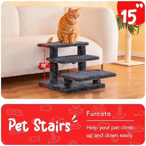 15''H Multi-Step Pet Stairs for High Beds & Sofas, 3-Step Cat Stairs with 2 Toy Balls, Wide Boards for Indoor Kittens Dogs Pets Climbing, Smoky Grey - Image 2