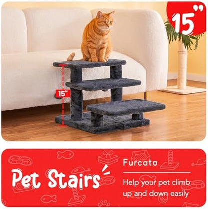 15''H Multi-Step Pet Stairs for High Beds & Sofas, 3-Step Cat Stairs with 2 Toy Balls, Wide Boards for Indoor Kittens Dogs Pets Climbing, Smoky Grey - Image 2