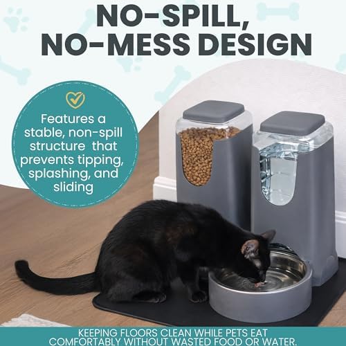 Automatic Cat Feeder 2.8L/4L Water Dispenser Set w/Tray Mat, Gravity Pet Feeder, Large Capacity Non-Spill Cat Water & Food Stainless Steel Bowls, Water Dispenser for Feeding Cats & Dog - Image 5