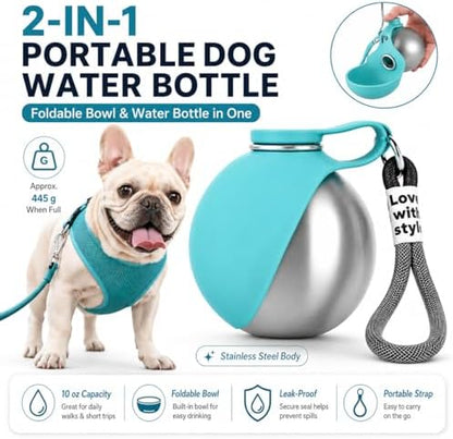 Portable Pet Dog Water Bottle with Silicone Collapsible Bowl, 10 oz Blue - Image 2