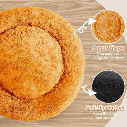 JOLLYVOGUE Calming Dog Bed Medium Size Dog, Anti-Anxiety Donut Medium Pet Bed, 27 inches Fluffy Faux Fur Round Cat Bed (Orange) - Image 3