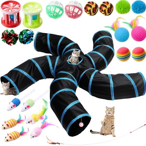 Poen 21 Pcs Cat Tunnel for Indoor Set Collapsible 5 Way Tubes with 20 Pcs Cat Kitten Toys Interactive Feather Toy Mouse Crinkle Balls Tube for Puppy Kitten Rabbit(Blue Black) by Poen
