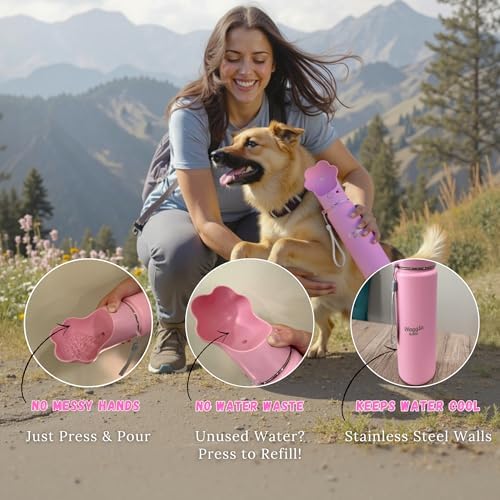Stainless Steel Dog Travel Water Bottle, Vacuum Insulated Portable Dog Water Dispenser, Drink Cup and Snack Container On The Go, Outdoor Walking, Hiking, Travel (Pink, 22oz) - Image 2