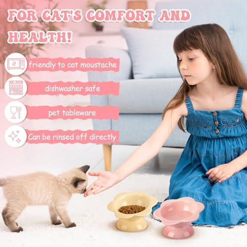 Hushee 2 Pcs Ceramic Raised Cat Bowls 7 oz Flower Shaped Cat Food Dish Stress Free on Neck and Spine Dishwasher Safe Feeding Bowls for Small Kitten - Image 6