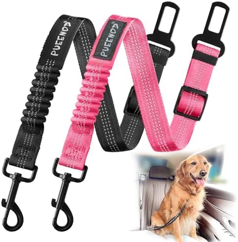 2 Pack Dog Seat Belt Adjustable Dog Car Seatbelts for Vehicle Nylon Pet Safety Seat Belt with Elastic Bungee Buffer Reflective & Durable Car Harness for Dogs (Black + Pink) by PUEENOD