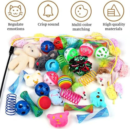 QUOZUO 30 Pcs Cat Toy Kitten Toys Set, Interactive Cat Toy Wand Cat Springs Ball Toy with Bells, Cat Toys for Bored Indoor Cats, Gift Box Styles - Image 3