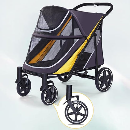 Large Dog Stroller-4 Wheel Pet Strollers for Medium Dogs or 2 Dogs- One-Click Foldable - Large Breathable Mesh & Sunroof - All Terrain Pet Stroller for Medium Senior Dog up to 88 lbs (Yellow)