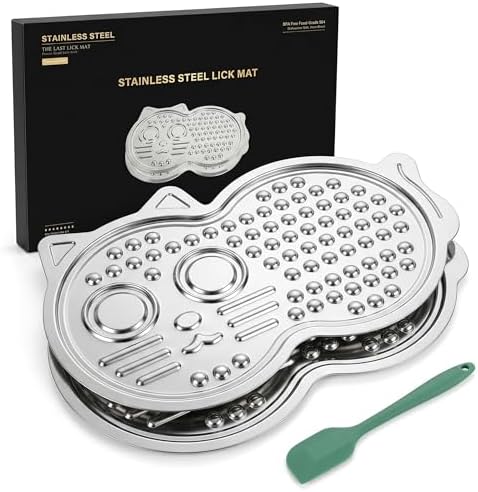 2-Pack XL Stainless Steel Lick Mat for Dogs & Cats, 15" x10" Slow Feeder with Deep Grooves & Strong Suction Cups, Chew-Resistant for Anxiety Relief, Dishwasher Safe, Silicone Spatula & Gift Box by Unknown