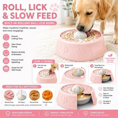 Slow Feeder Dog Bowls，Dog Lick Bowl with Rolling Ball,Interactive Dog Licking Toy & Dog Enrichment Toys, Dog Lick Ball Bowl for Wet Food，Non-Slip Design(Pink) - Image 3
