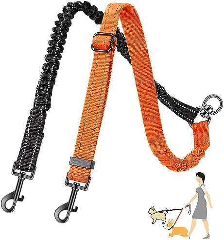 AUTOWT Two Dog Lead, 2 in 1 Upgraded Double Dog Leash Attachment Combine Adjustable Strap and Shock Absorbing Bungee No Tangle Dual Training Splitter for Different Size Dogs by AUTOWT