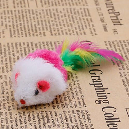 10pcs Novelty Pet Kitten Cat Furry Mouse Shaped Feather Tail Fetch Toy Gift Cat Mouse Toys for Indoor Cats That Make Noise, with Rattle, Catnip, Electronic, Robotic, Moving, Squeak