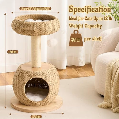 Modern Cat Tree for Indoor Small & Medium Cats, 30" H Solid Wood & Rattan Cat Tower with Handwoven Wicker Cat Bed & Cave, Ultra-Soft & Washable Cushions, Natural Sisal Scratching Posts - Image 3