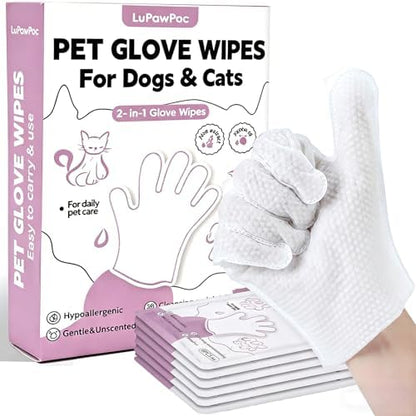 Pet Glove Wipes for Dogs & Cats, 2-in-1 Disposable Dog Cleaning Gloves for Bathing, No-Rinse Grooming Wipes for Paw, Face, Ear & Body, Aloe & Jojoba Oil, 6 Count by LupawPoc