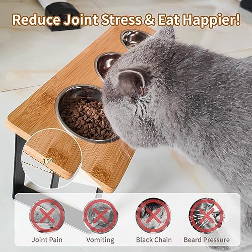Elevated Cat Bowls, Raised Cat Food Bowls, 15°Tilted Stainless Steel Cat Bowls for Indoor Cats, Anti Vomit, Bamboo, Stand with 3 Feeder Bowls for Cats and Puppy - Image 2