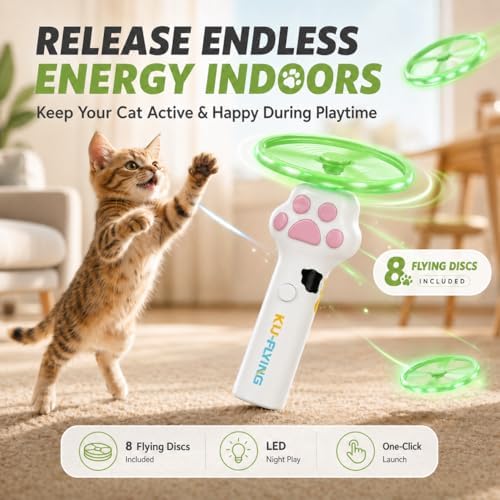 Cat Fetch Toy, Electric Cat Disc Launcher Toy with 8 Flying Spinners, Interactive Cat Toy for Indoor Cats and Bored Kittens, Bendable Discs, Rechargeable Paw Design（White） - Image 2