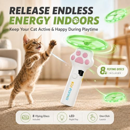 Cat Fetch Toy, Electric Cat Disc Launcher Toy with 8 Flying Spinners, Interactive Cat Toy for Indoor Cats and Bored Kittens, Bendable Discs, Rechargeable Paw Design（White） - Image 2