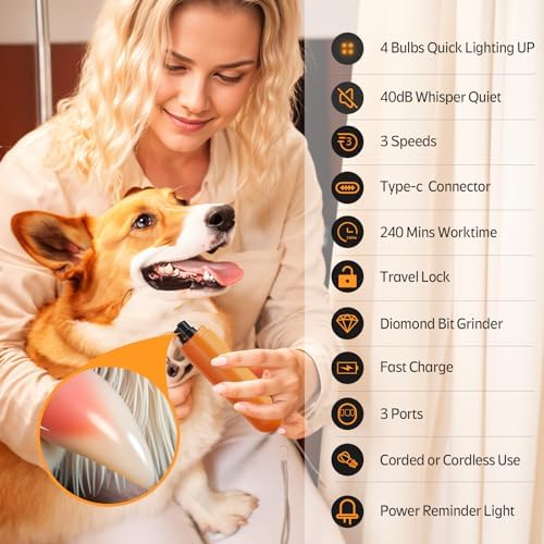 YABIFE 4-Lights Dog Nail Grinder, Easy Quick Locate Dog Nail Trimmers, for Puppy Paw Toenails or Pets from Small, Medium to Large, with Travel Lock, Whisper Quiet, Heavy Duty 3 Speeds - Image 7
