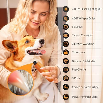 YABIFE 4-Lights Dog Nail Grinder, Easy Quick Locate Dog Nail Trimmers, for Puppy Paw Toenails or Pets from Small, Medium to Large, with Travel Lock, Whisper Quiet, Heavy Duty 3 Speeds - Image 7