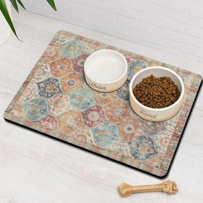 Moroccan Trellis Dog Food & Water Mat, Mexican Talavera Boho Colorful Pet Feeding Mat for Floor Non-Slip Waterproof, Super Absorbent Cat Bowl Mat, Easy to Clean Durable Pet Placemat,12" × 20" by Stunnoosy